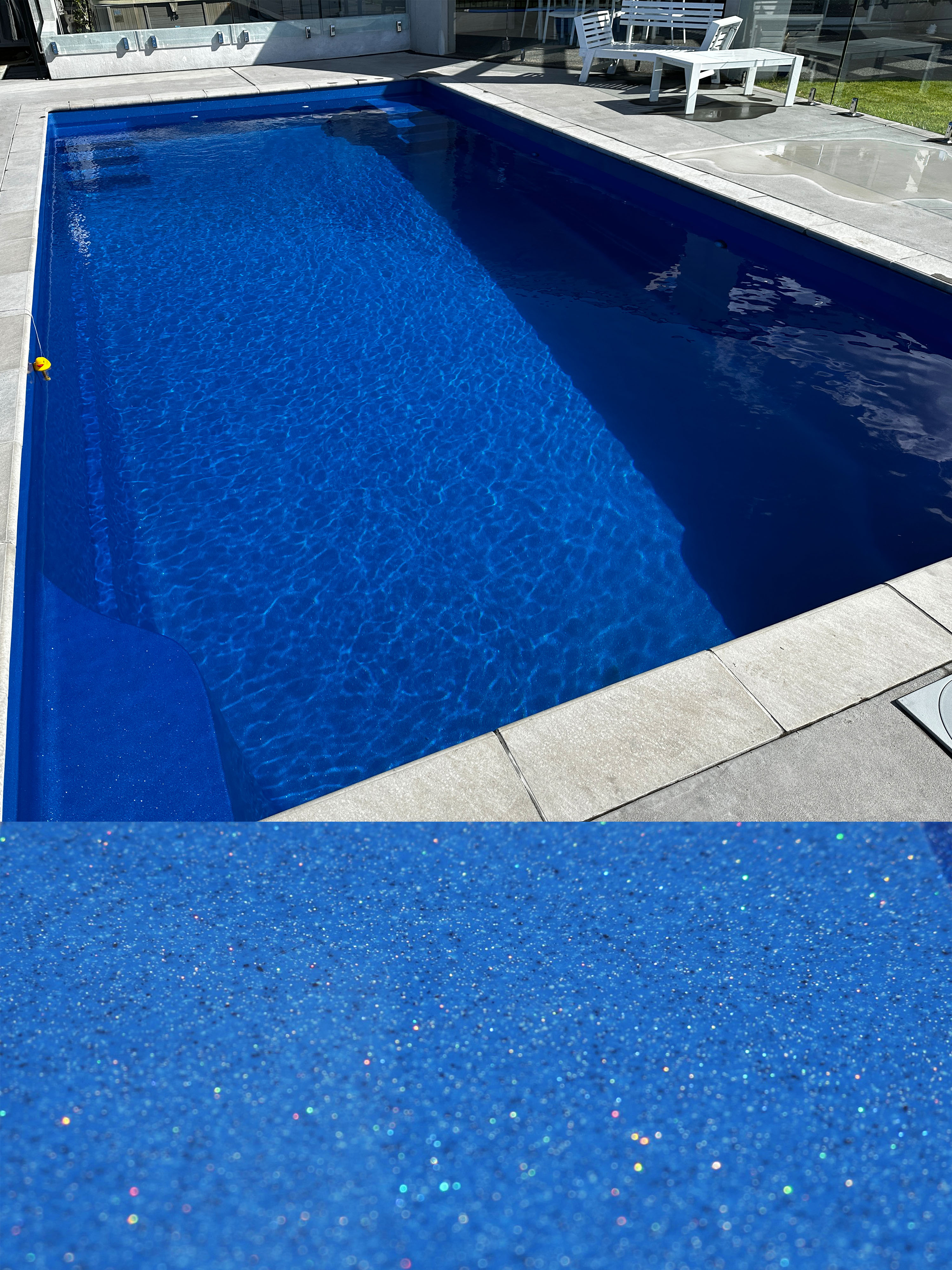 Blue Night fibreglass pool with deep sapphire blue water and paved coping