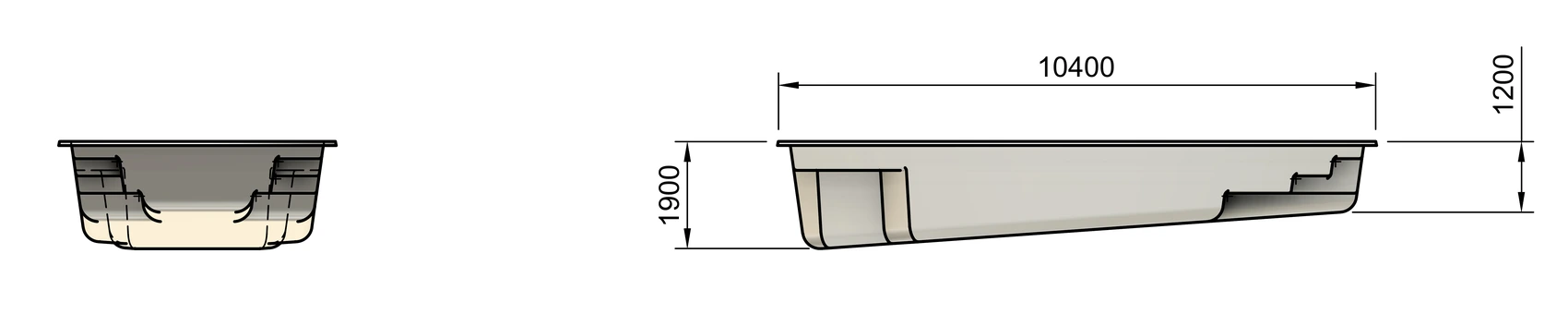 Coastline 10m x 4.4m fibreglass pool side technical drawing