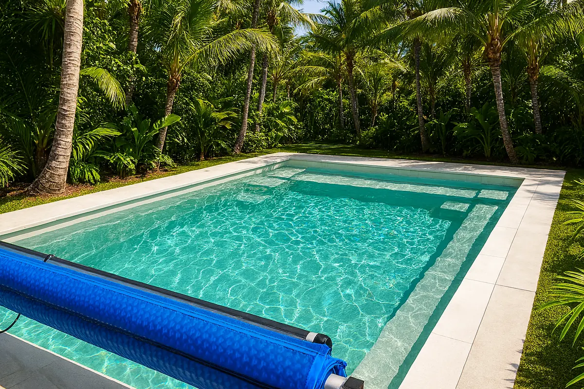 Element fibreglass pool with a solar cover in a garden