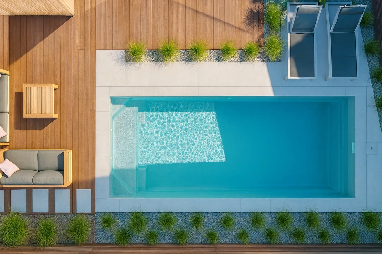 Retreat fibreglass pool seen from above with a full-depth swim area