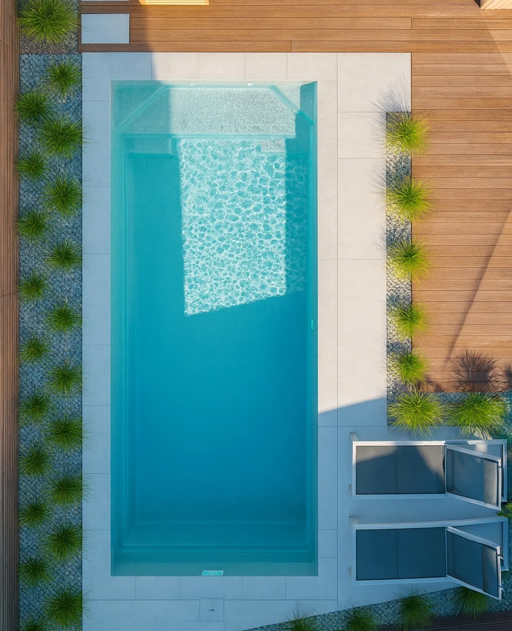 Retreat fibreglass pool and paving, corner seats at the deep end
