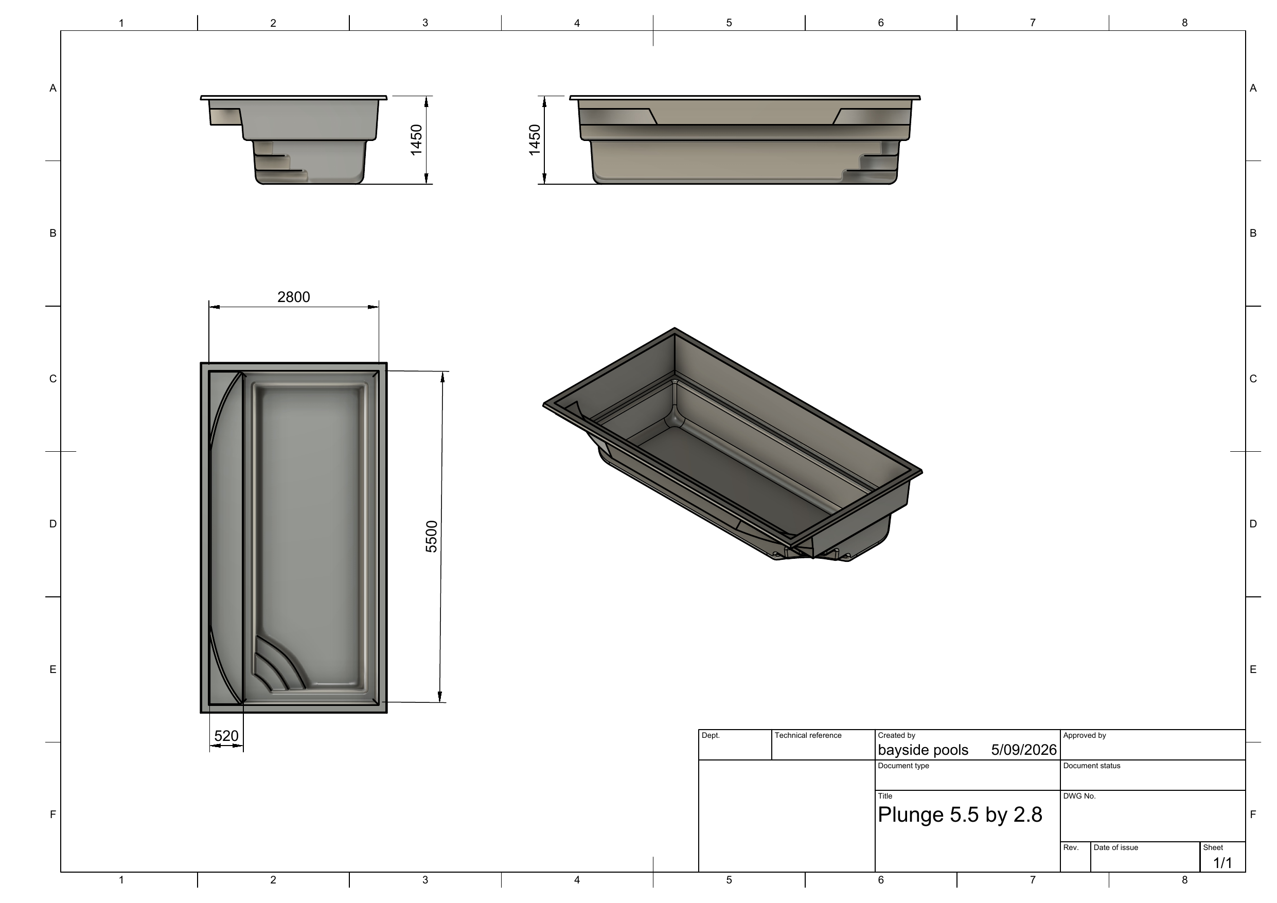 Plunge 5.5 x 2.8 m fibreglass pool plan technical drawing