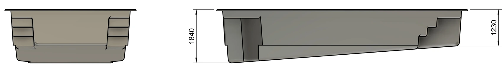 Satin 8m x 4m fibreglass pool side technical drawing