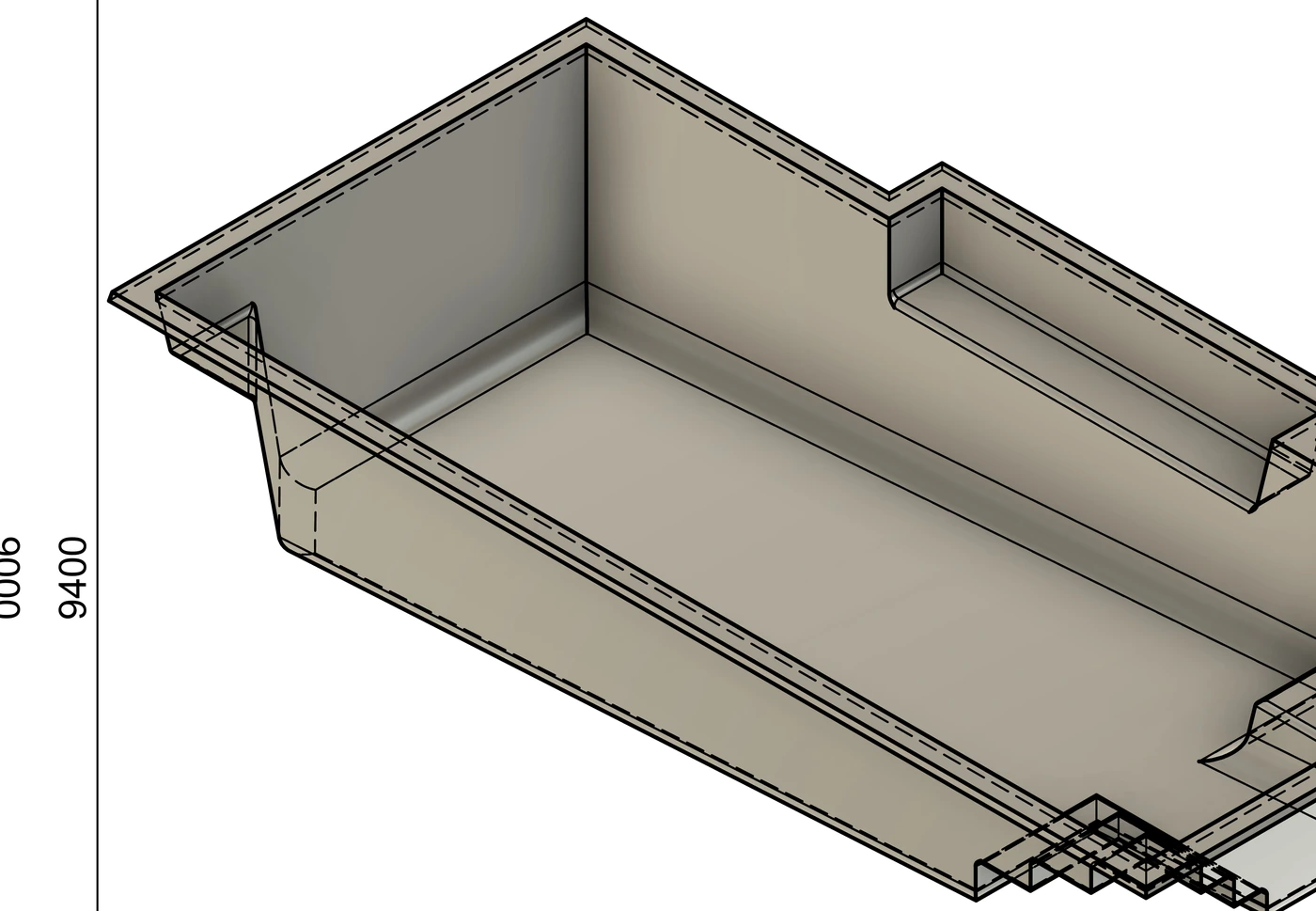 Shoreline 9m x 4.4m fibreglass pool 3d technical drawing